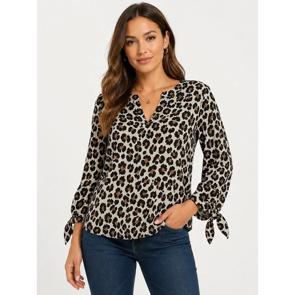Michael Kors Leopard Print Peasant Blouse Womens Large Tie Sleeve Animal Print